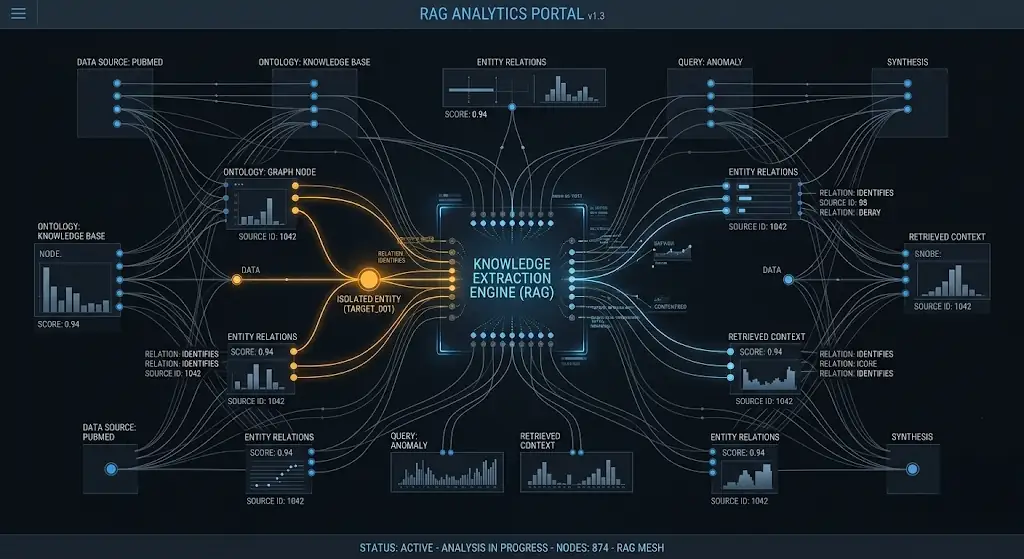 Abstract dark mode user interface showing a technical RAG data mesh knowledge graph with cyber-blue vector lines, node data visualization overlays, and a single highlighted amber isolated entity node being extracted on a deep charcoal background.
