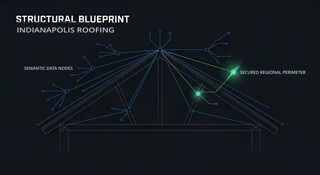 A minimalist architectural blueprint diagram overlaying a dark gray vector outline of a residential roof truss structure. A cyber-blue data network of branching semantic nodes radiates outward from the roof apex. On the right side, two specific nodes are distinctly highlighted with a vibrant, glowing mint-green accent, connected by green data paths to represent a secured regional perimeter. The upper-left corner contains the white header text "STRUCTURAL BLUEPRINT" with the subheadline "INDIANAPOLIS ROOFING".