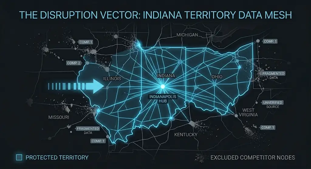 A dark, data-viz graphic of a blue glowing map titled 'The Disruption Vector: Indiana Territory Data Mesh.' The map highlights a central data network connecting Indiana and Ohio with radiating blue lines from an 'Indianapolis Hub' node. Surrounding areas like Illinois, Missouri, Kentucky, and West Virginia feature dissolving particle clusters with gray labels reading 'Fragmented Data' and 'Excluded Competitor Nodes,' contrasting with the blue 'Protected Territory' lines. A solid blue vector arrow points from Illinois into the glowing mesh.