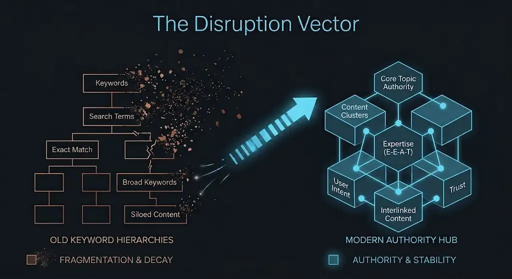 An editorial diagram titled "The Disruption Vector" on a dark background. On the left, a traditional vertical tree diagram labeled "Old Keyword Hierarchies" in muted copper breaks apart into a scattered cloud of dust, marked as "Fragmentation & Decay." On the right, a glowing cyber-blue geometric structure of interlocking blocks forms a stable network labeled "Modern Authority Hub," representing "Authority & Stability." A bright blue vector arrow points from the decaying old system toward the modern hub.